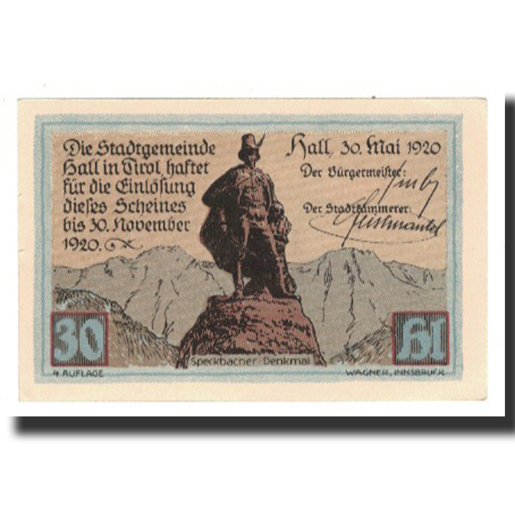 Banknote, Austria, Hall In Tirol Stadtgemeinde, 30 Heller, paysage, 1920