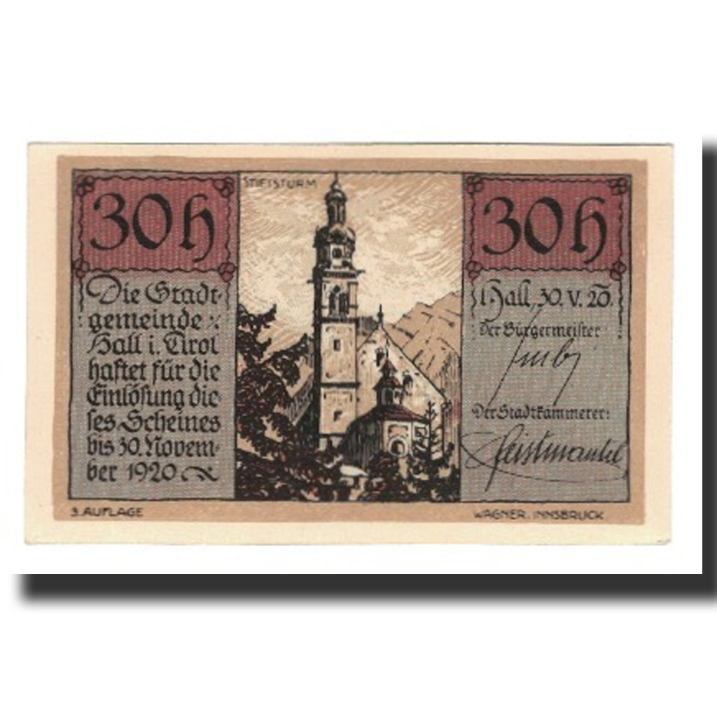 Banknote, Austria, Hall In Tirol Stadtgemeinde, 30 Heller, paysage 1, 1920