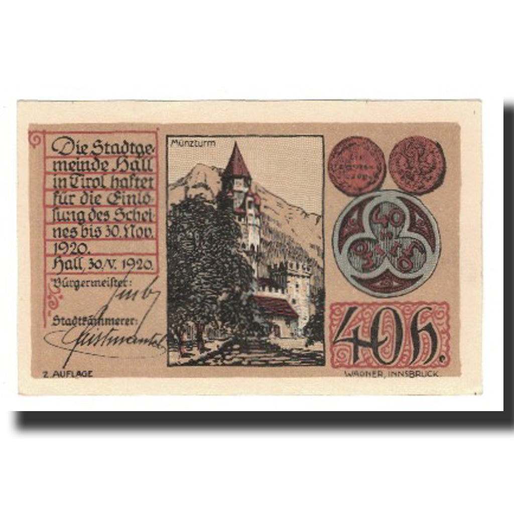 Banknote, Austria, Hall In Tirol Stadtgemeinde, 40 Heller, Monnaie, 1920