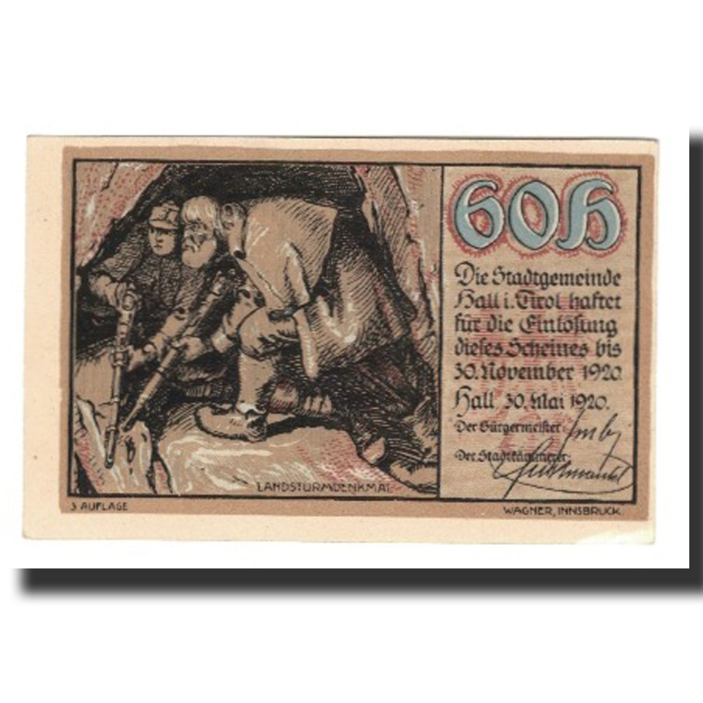 Banknote, Austria, Hall In Tirol Stadtgemeinde, 60 Heller, Batiment, 1920