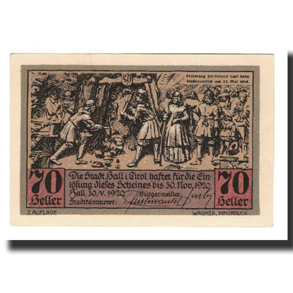 Billete, Austria, Hall In Tirol Stadtgemeinde, 70 Heller, personnage 1, 1920