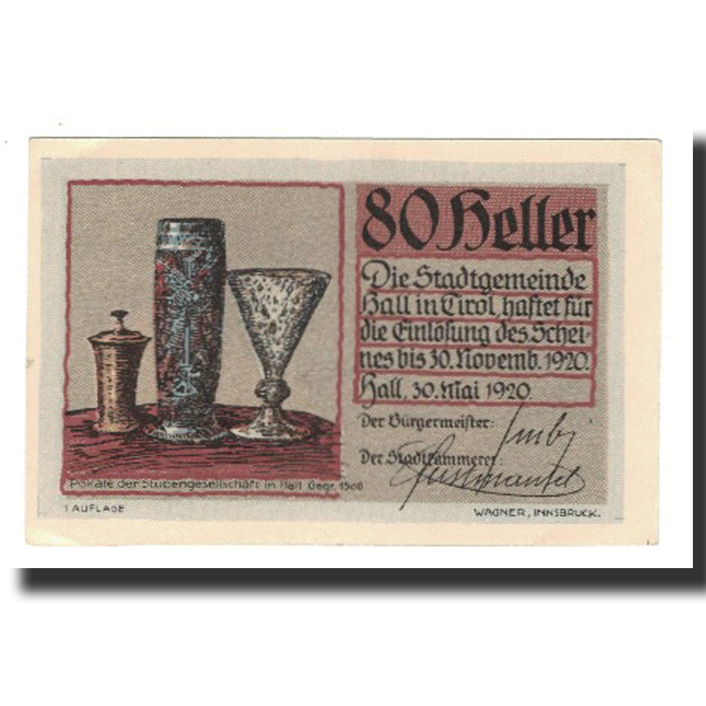 Billet, Autriche, Hall In Tirol Stadtgemeinde, 80 Heller, batiment 1, 1920