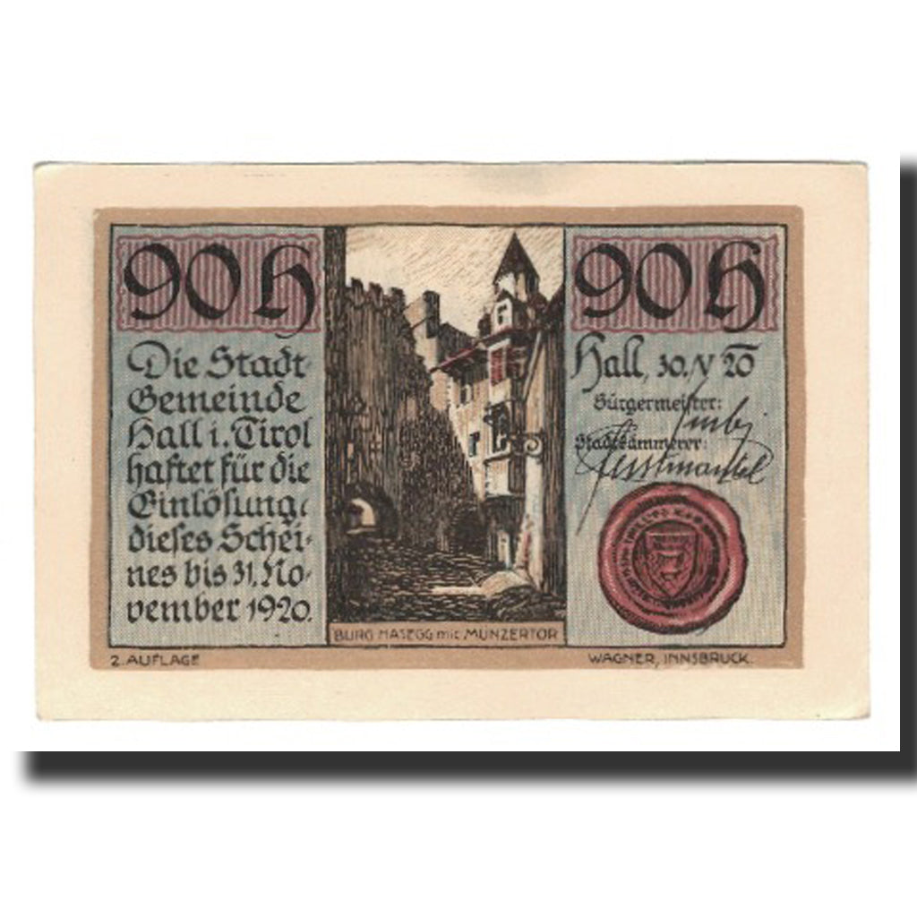 Banknote, Austria, Hall In Tirol Stadtgemeinde, 90 Heller, personnage 2, 1920