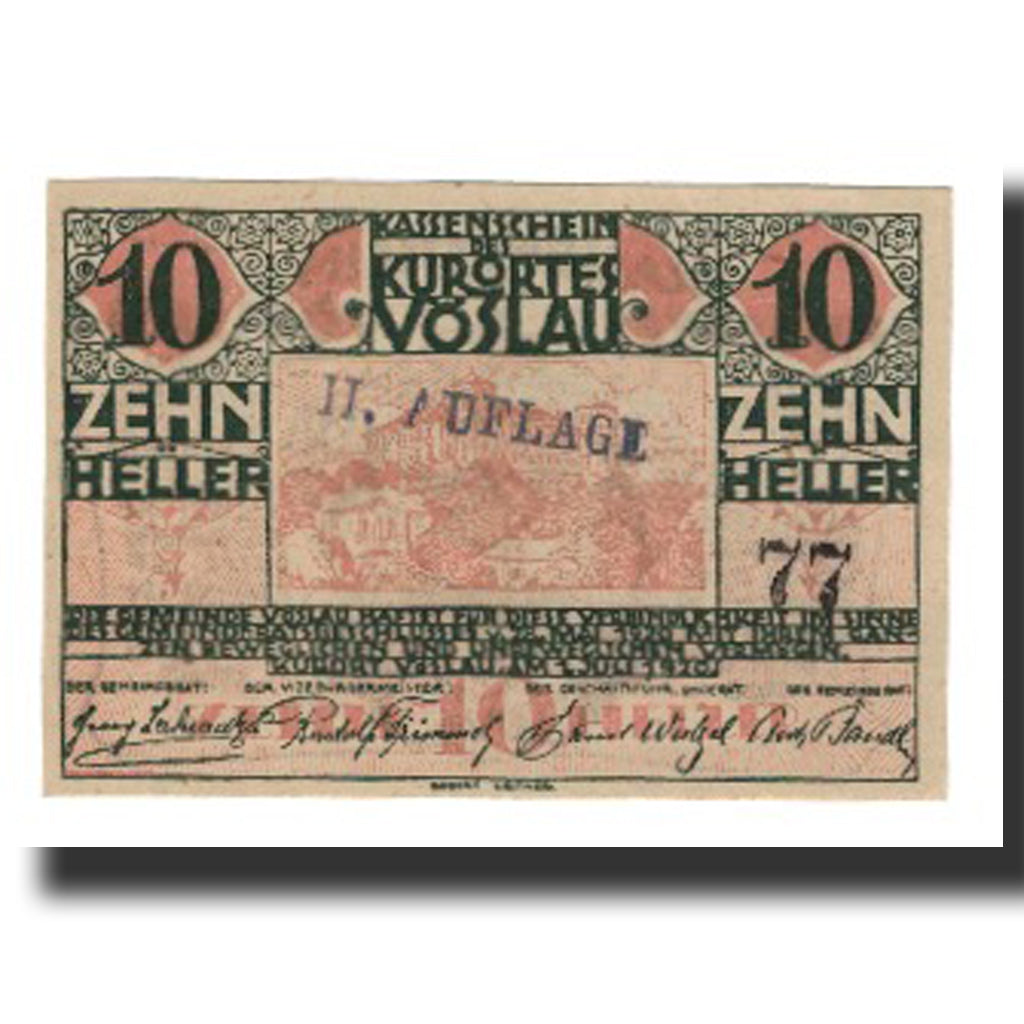Banconote, Austria, Vöslau N.Ö. Gemeinde, 10 Heller, Blason 1, 1920