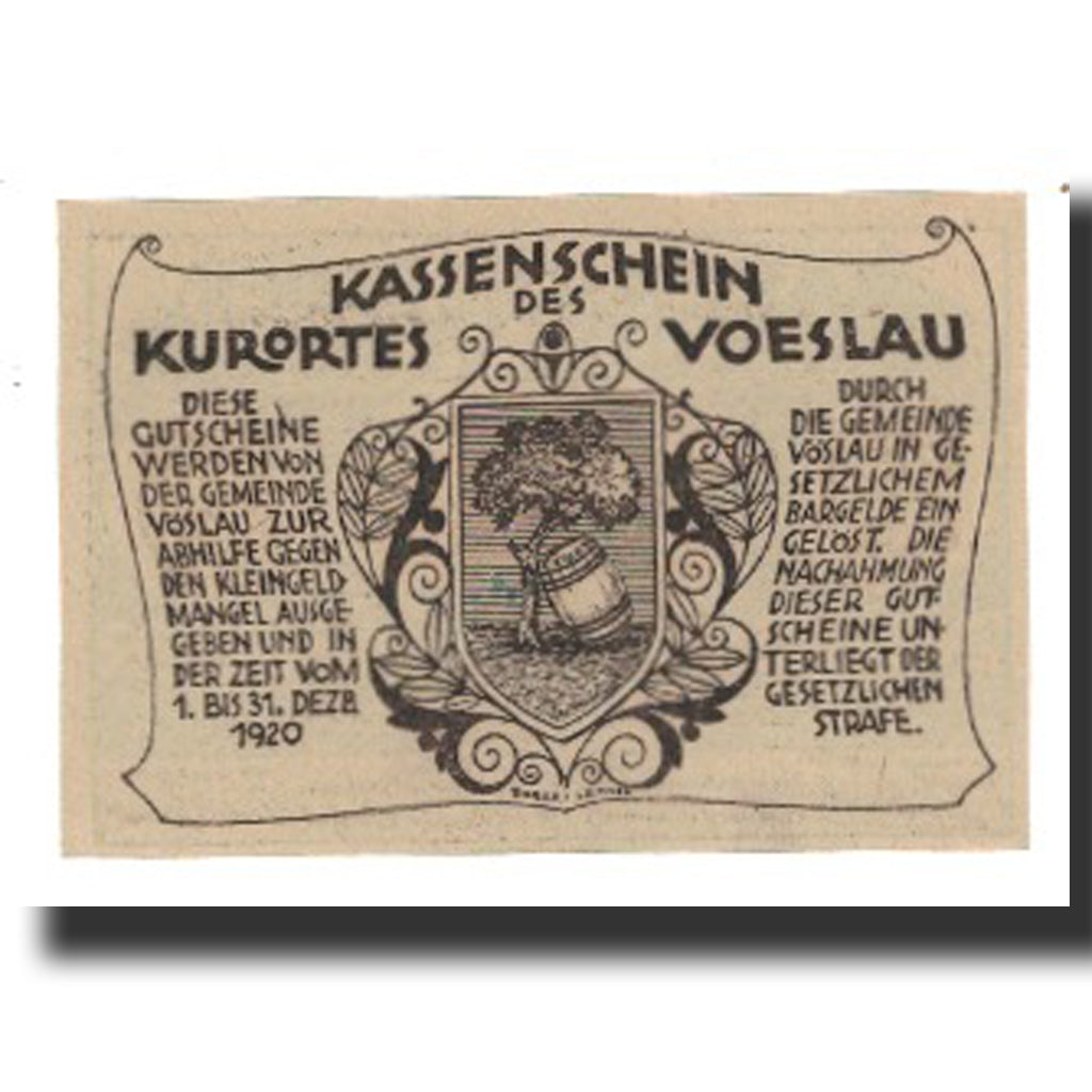 Banconote, Austria, Vöslau N.Ö. Gemeinde, 20 Heller, Blason 5, 1920
