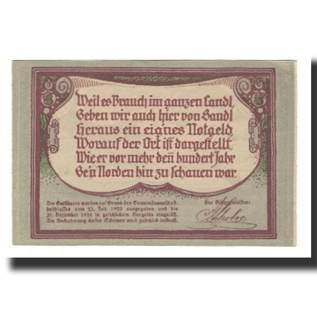 Billete, Austria, Sandl O.Ö. Gemeinde, 50 Heller, texte 1, 1920, 1920-12-31