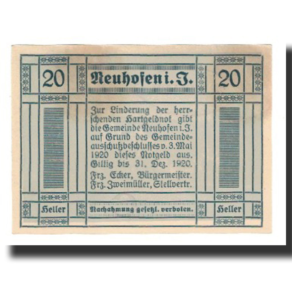 Banconote, Austria, Neuhofen im Innkreis, 20 Heller, Texte 4, 1920, 1920-12-31