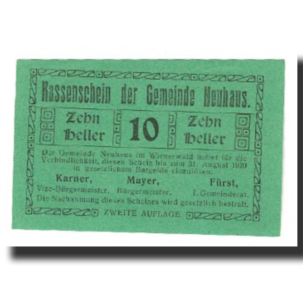 Banconote, Austria, Neuhaus N.Ö. Gemeinde, 10 Heller, N.D, 1920, 1920-09-30