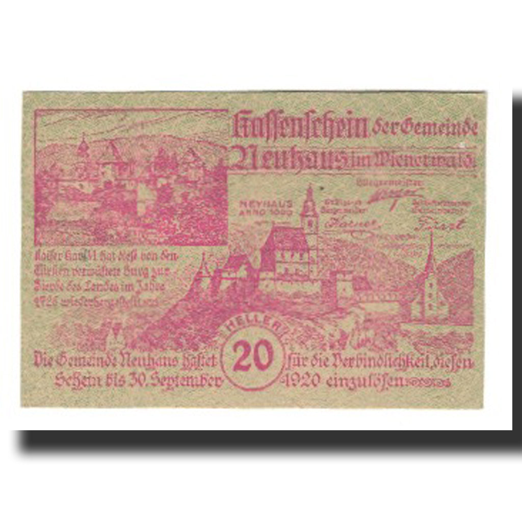 Banconote, Austria, Neuhaus N.Ö. Gemeinde, 20 Heller, N.D, 1920, 1920-09-30