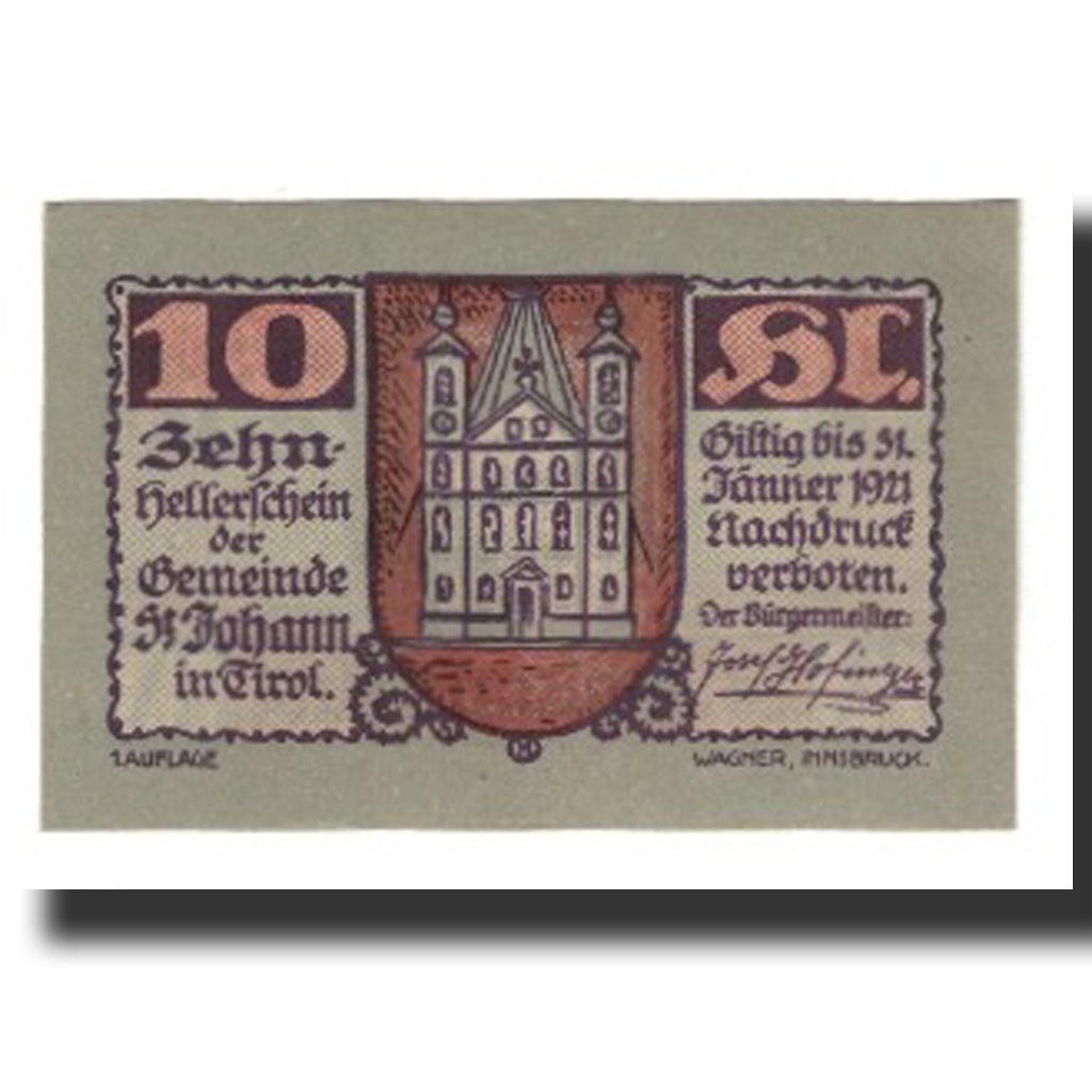 Banknot, Austria, St. Johann in Tirol, Tirol Gemeinde, 10 Heller, personnage
