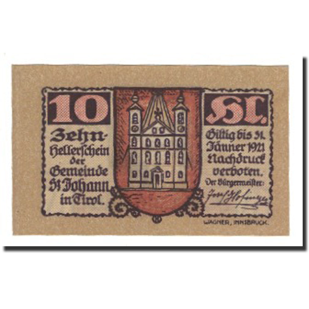 Banknot, Austria, St. Johann in Tirol, Tirol Gemeinde, 10 Heller, personnage 1