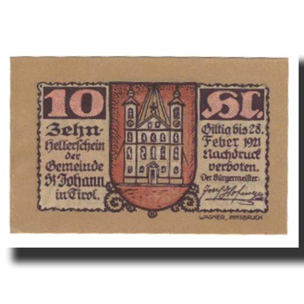 Biljet, Oostenrijk, St. Johann in Tirol, Tirol Gemeinde, 10 Heller, Blason 1