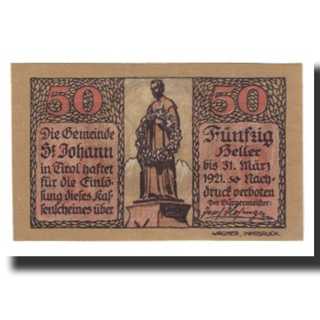 Banconote, Austria, St. Johann in Tirol, Tirol Gemeinde, 50 Heller, personnage