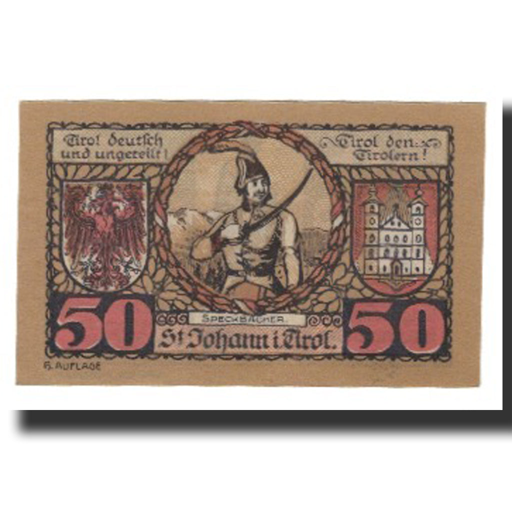 Banconote, Austria, St. Johann in Tirol, Tirol Gemeinde, 50 Heller, personnage