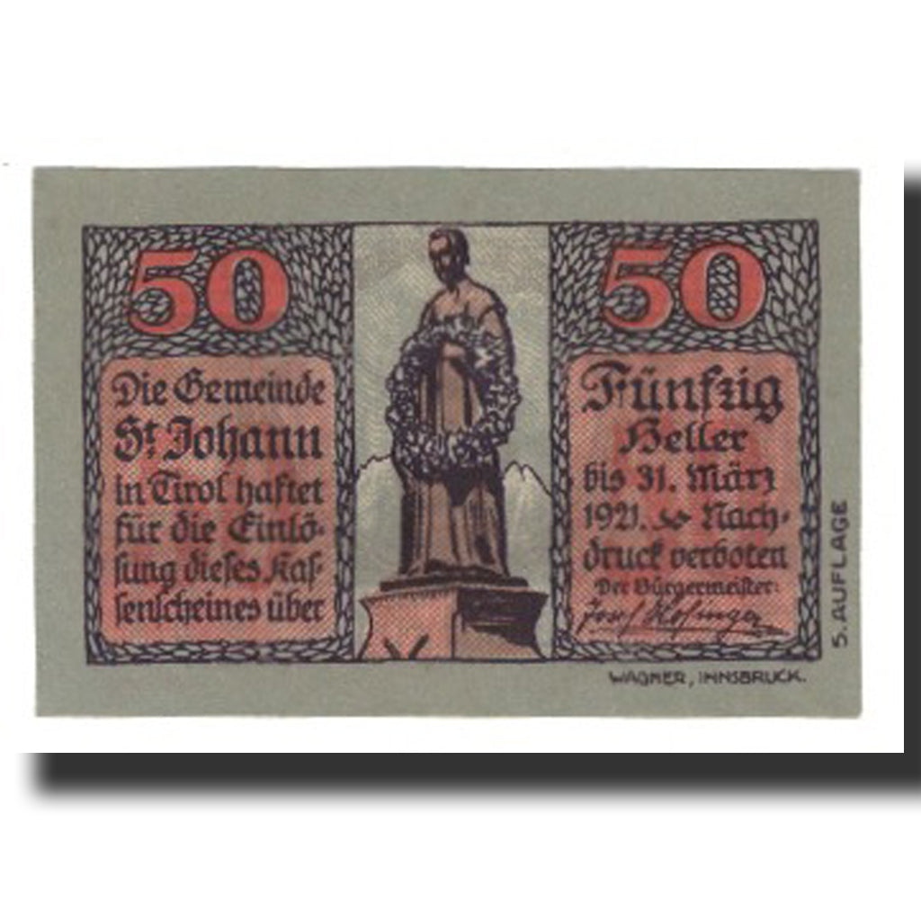 Banknot, Austria, St. Johann in Tirol, Tirol Gemeinde, 50 Heller, personnage 1