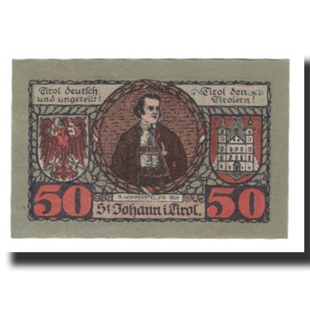 Banconote, Austria, St. Johann in Tirol, Tirol Gemeinde, 50 Heller, personnage