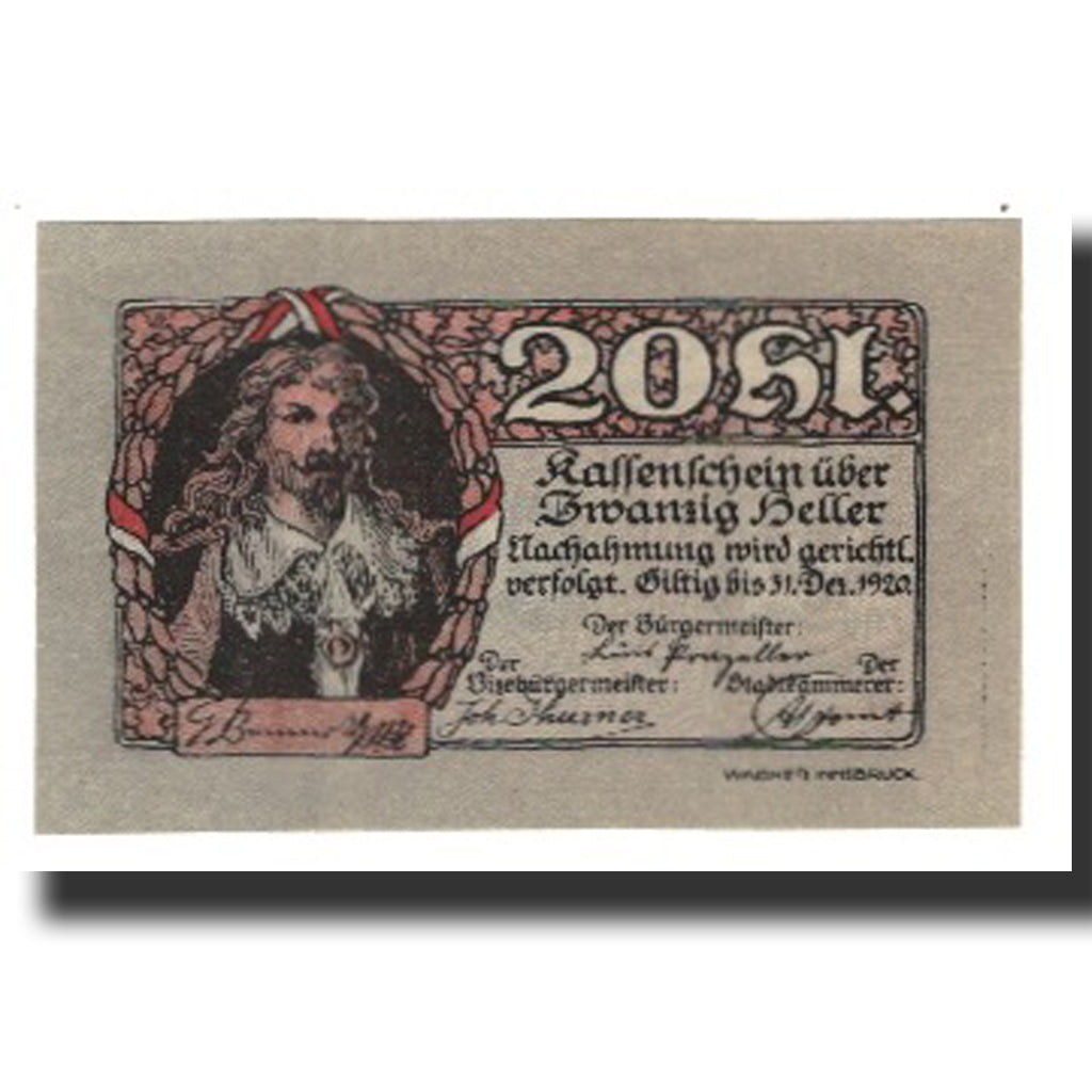 Biljet, Oostenrijk, Rattenberg Tirol Stadt, 20 Heller, valeur faciale, 1920