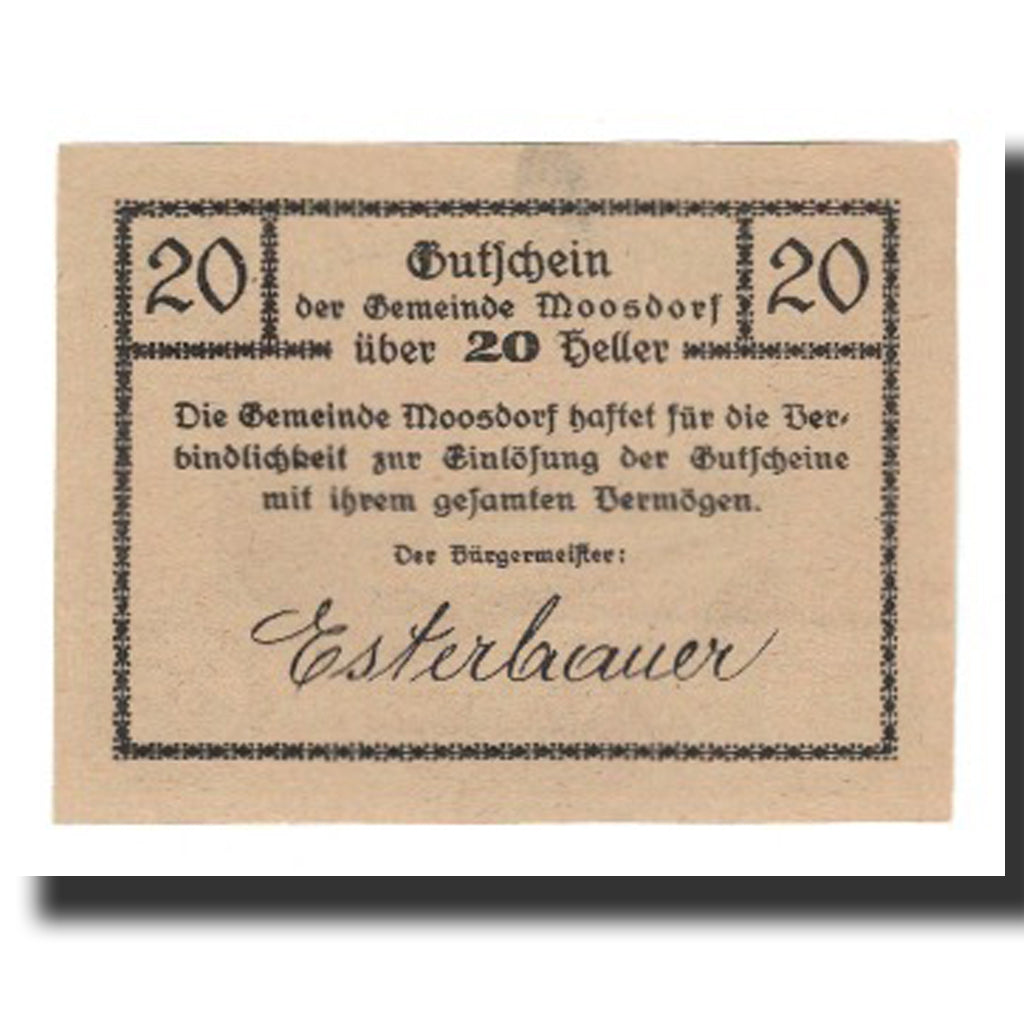 Banknot, Austria, Moosdorf, 20 Heller, Texte, 1920, 1920-12-31, AU(55-58)