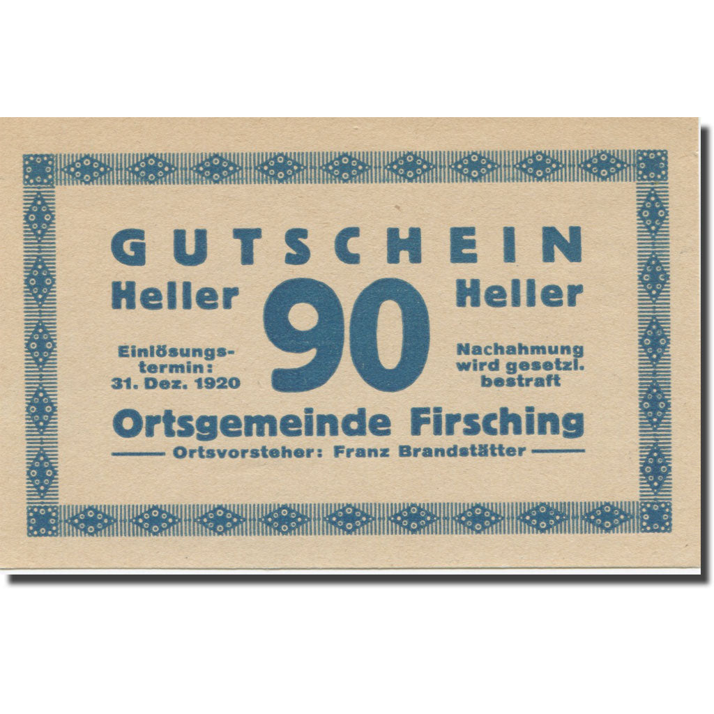 Banknot, Austria, Firsching O.Ö. Ortsgemeinde, 90 Heller, N.D, Undated