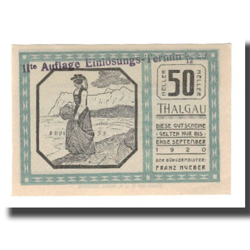 Banconote, Austria, Thalgau Sbg. Gemeinde, 50 Heller, texte 1, 1920, 1920-09-30