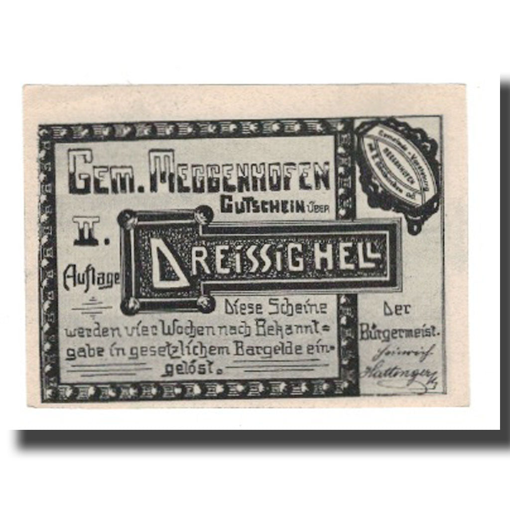 Billete, Austria, Meggenhofen O.Ö. Gemeinde, 30 Heller, personnage, 1921, EBC