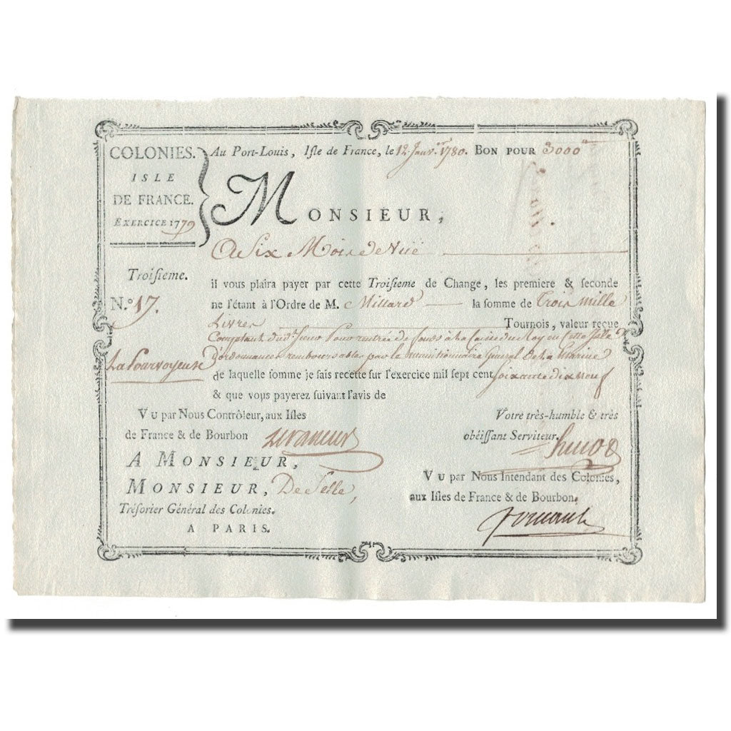 Francia, Traite, Colonies, Isle de Bourbon, 3000 Livres Tournois, 1780, SPL-
