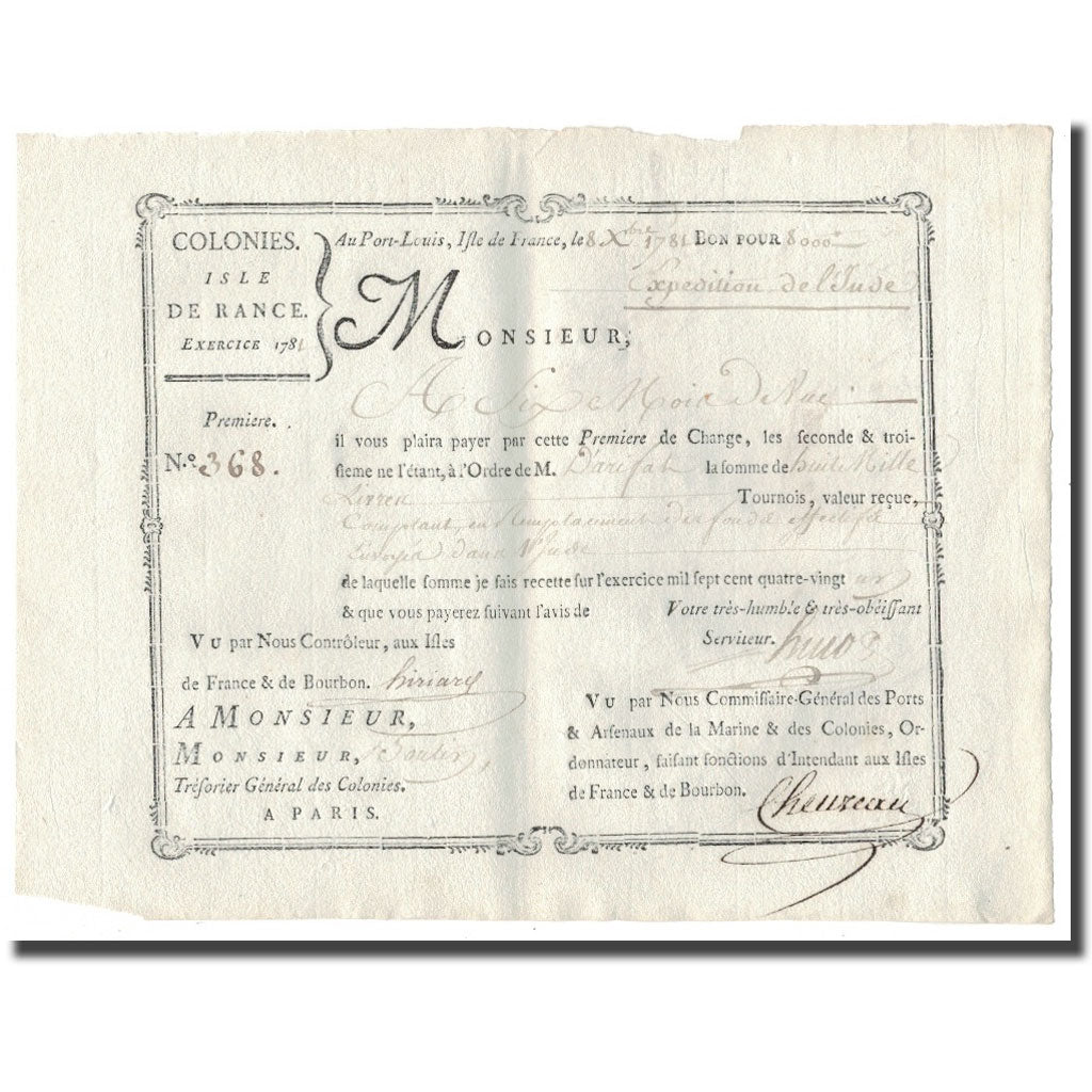 Francia, Traite, Colonies, Isle de France, 8000 Livres, Expédition de l'Inde