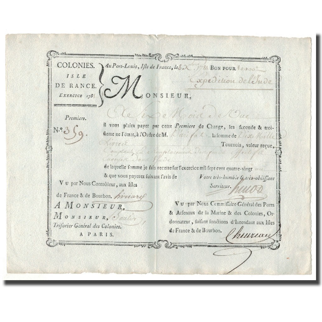 Frankreich, Traite, Colonies, Isle de France, 10.000 Livres, Expédition de