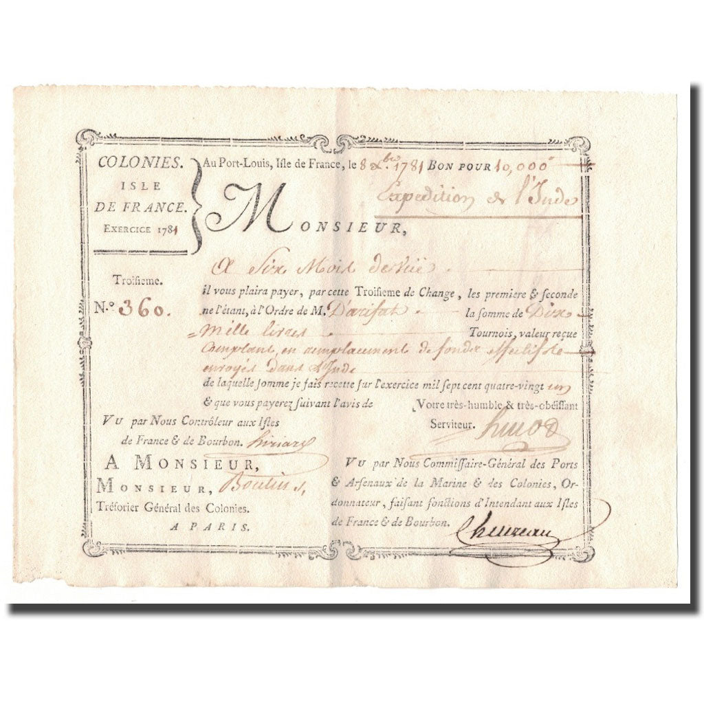 Francia, Traite, Colonies, Isle de France, 10.000 Livres, Expédition de l'Inde