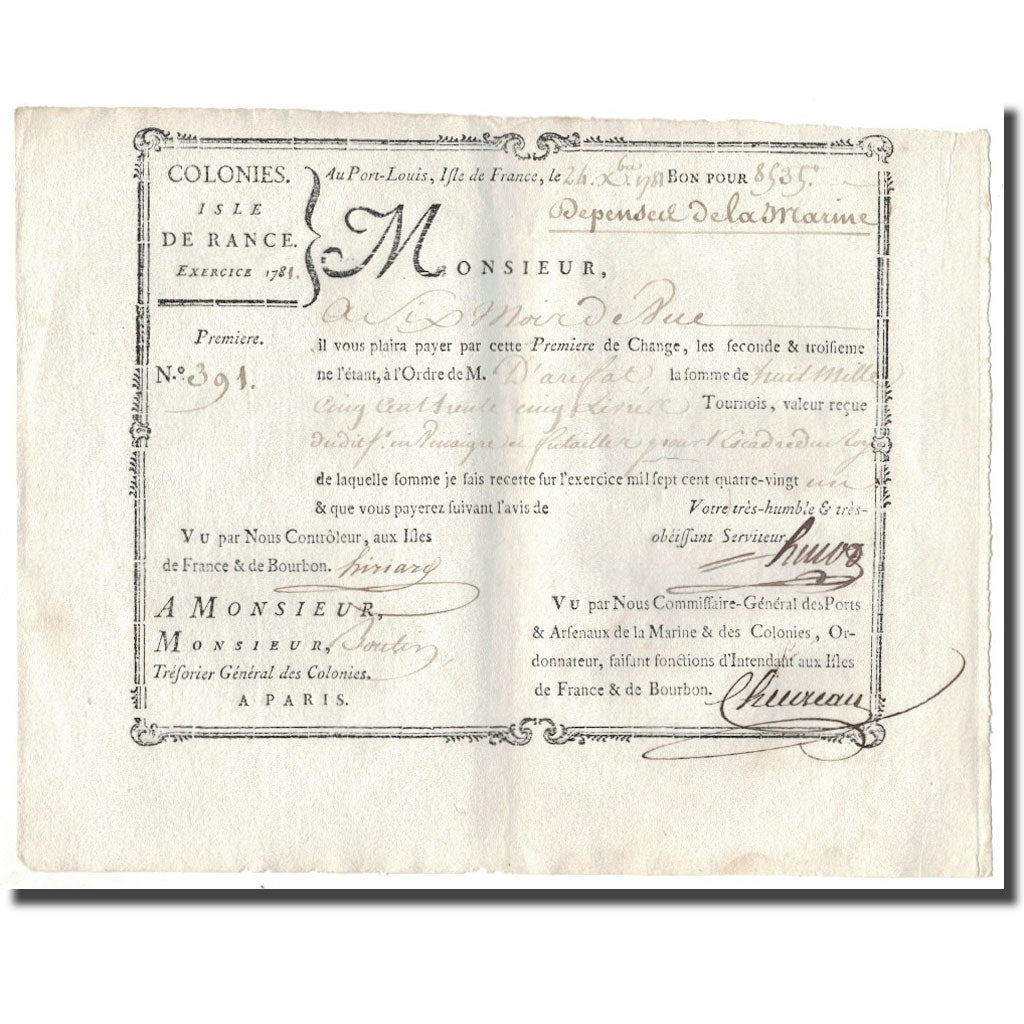 Francia, Traite, Colonies, Isle de France, 8535 Livres, Dépenses de la Marine