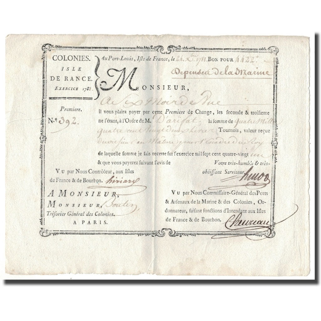 Francia, Traite, Colonies, Isle de France, 4422 Livres, Dépenses de la Marine