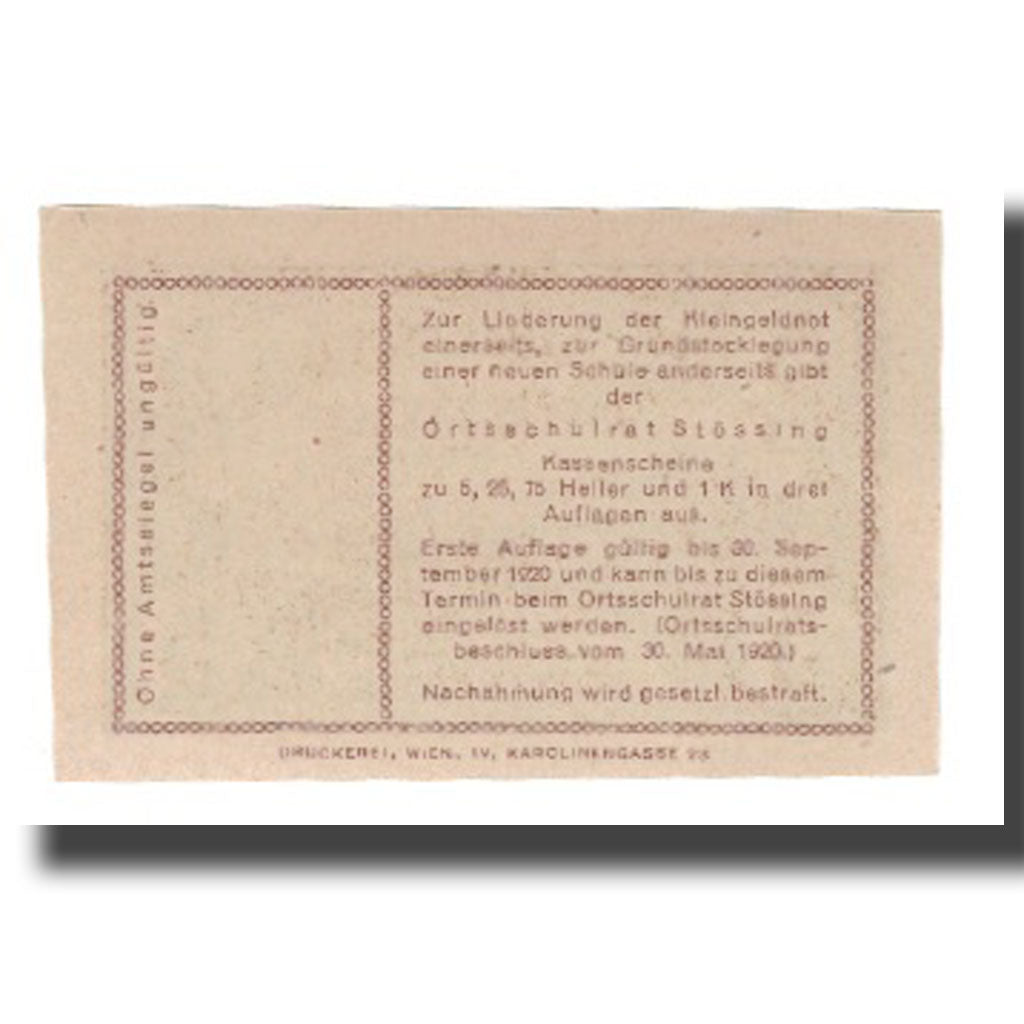 Banknot, Austria, Stössing, Prv. Ortsschulrat, 5 Heller, Texte, 1920