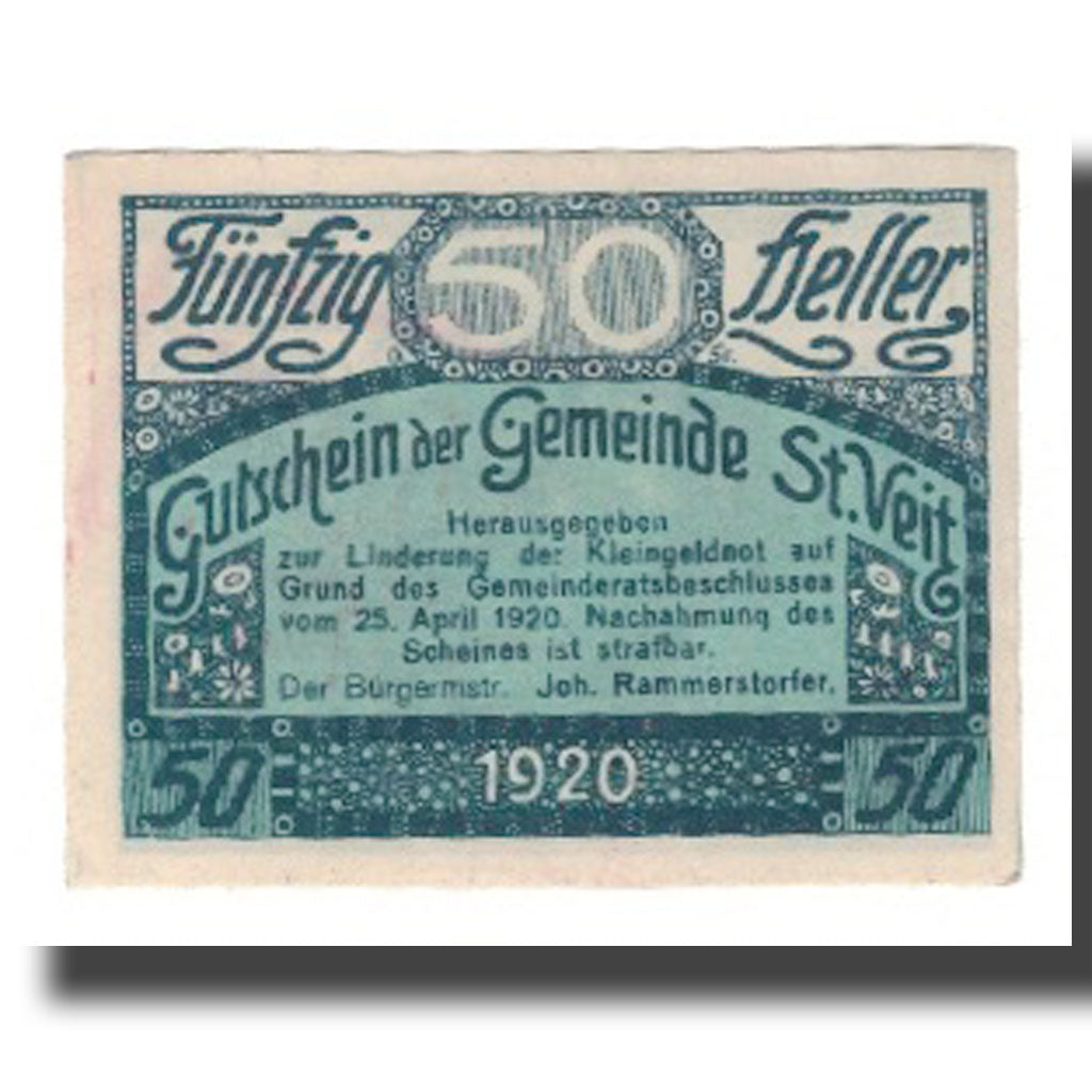 Banknote, Austria, St. Veit im Mühlkreis O.Ö. Gemeinde, 50 Heller, Texte