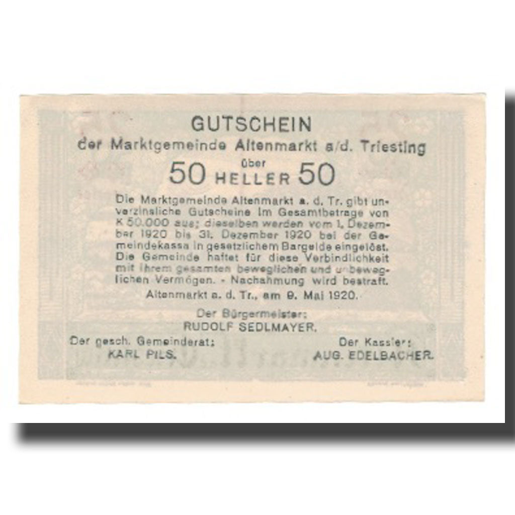 Nota, Áustria, Altenmarkt a.d. Triesting N.Ö. Markgemeinde, 50 Heller, Texte