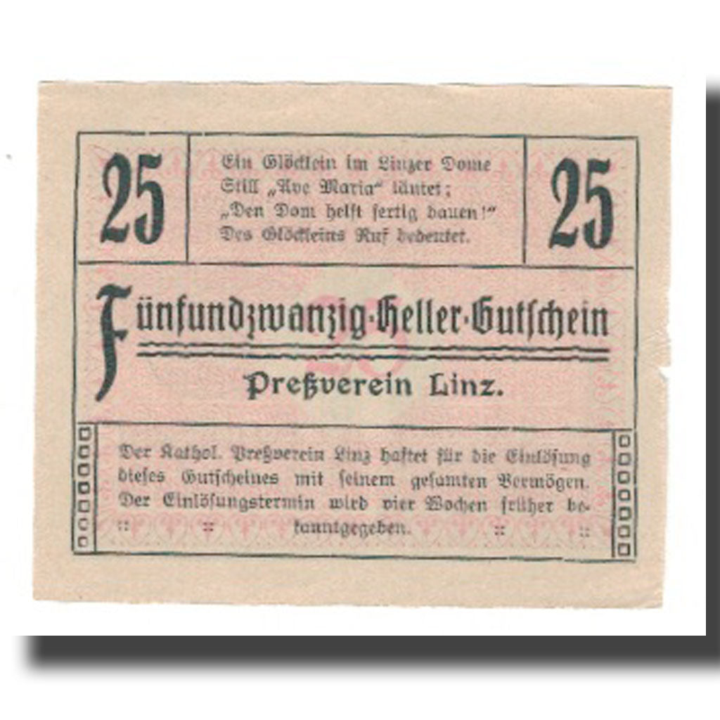 Banknot, Austria, Linz, Prv. Akad. Pressvereins-Buchdruckerei, 25 Heller, texte