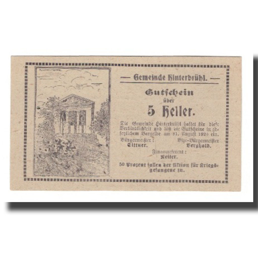 Banknot, Austria, Hinterbrühl N.Ö. Gemeinde, 5 Heller, N.D, 1920, 1920-08-31