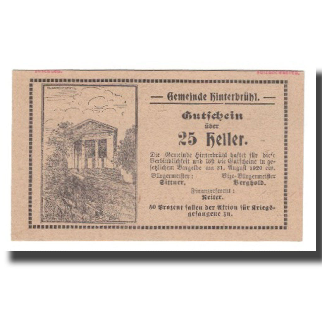 Banknot, Austria, Hinterbrühl N.Ö. Gemeinde, 25 Heller, N.D, 1920, 1920-08-31