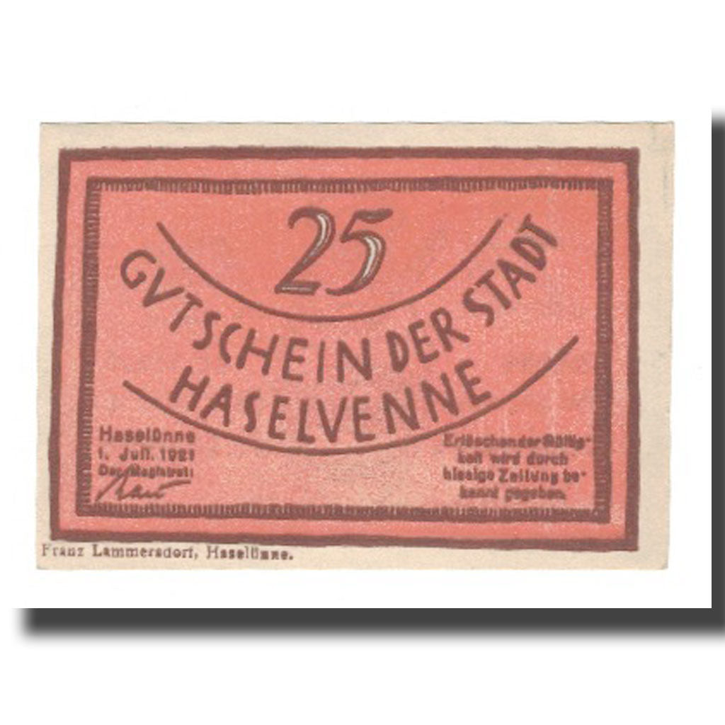 Banknote, Germany, Haselünne Stadt, 25 Pfennig, personnage, 1921, 1921-07-01