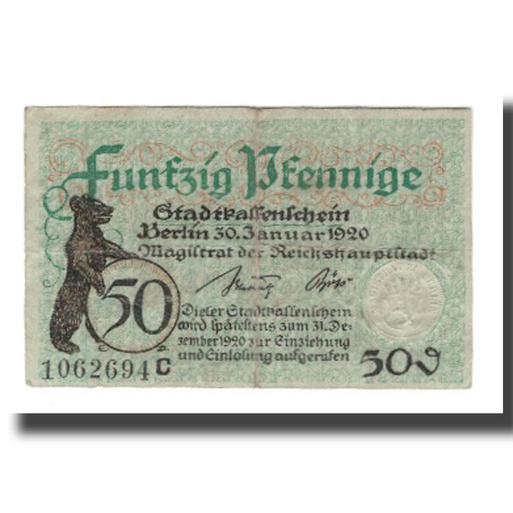 Geldschein, Deutschland, Berlin Stadt, 50 Pfennig, valeur faciale, 1920
