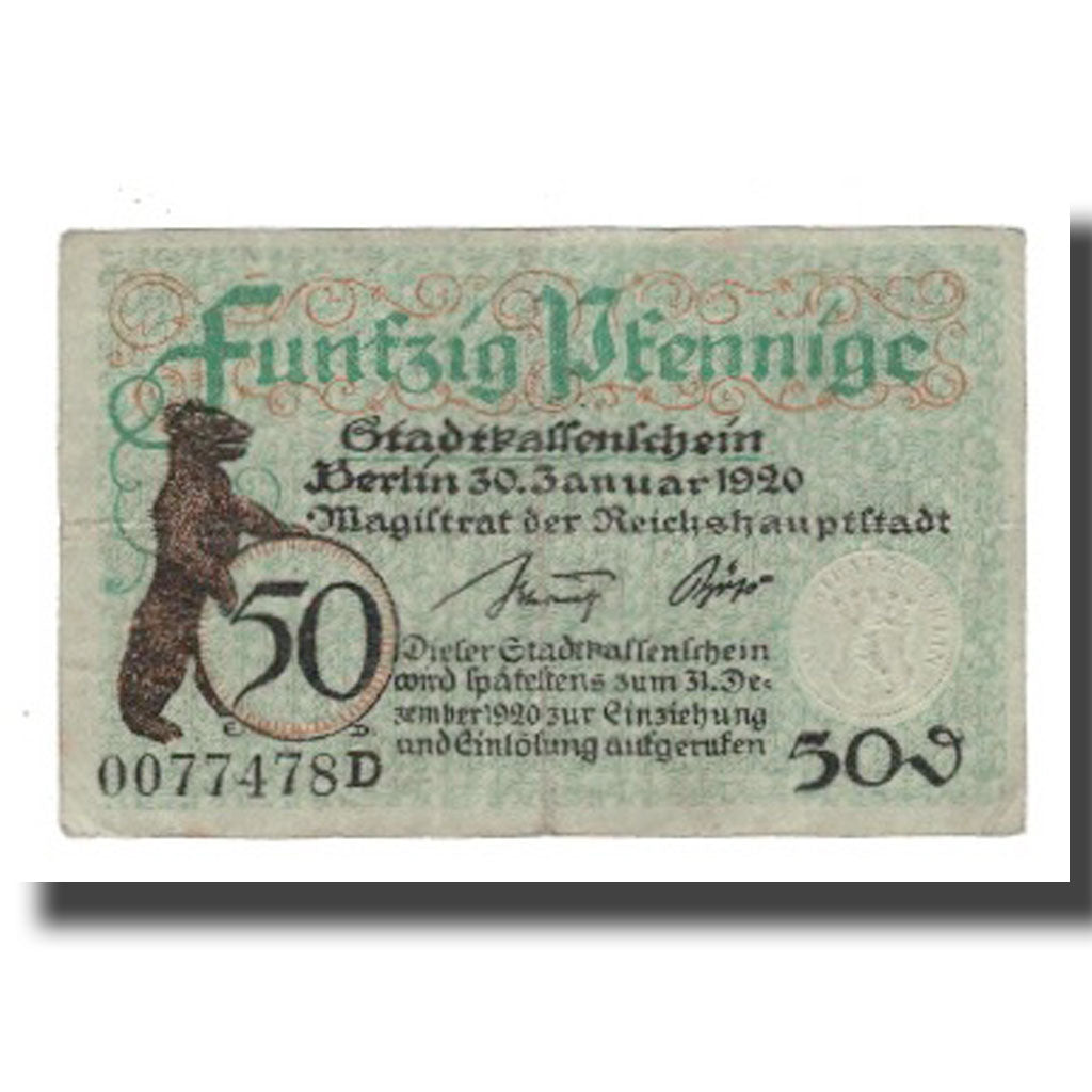 Banknot, Niemcy, Berlin Stadt, 50 Pfennig, valeur faciale 2, 1920, 1920-12-31