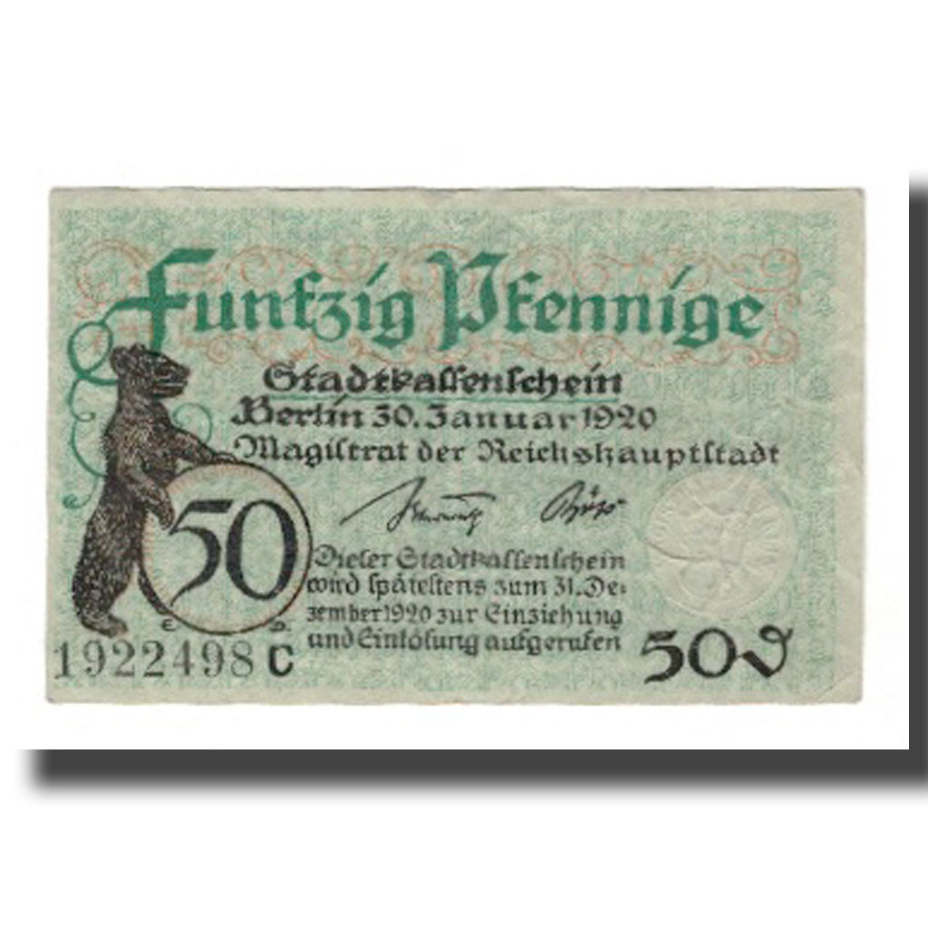 Geldschein, Deutschland, Berlin Stadt, 50 Pfennig, valeur faciale 4, 1920