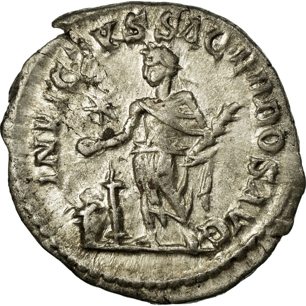 Moneta, Elagabalus, Denarius, AU(50-53), Srebro, Cohen:59