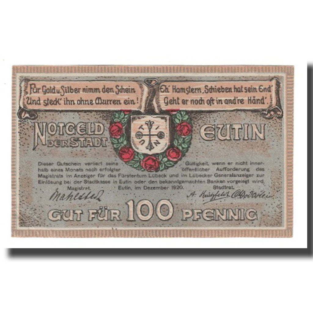 Geldschein, Deutschland, Eutin Stadt, 100 Pfennig, paysage 1, 1920, VZ
