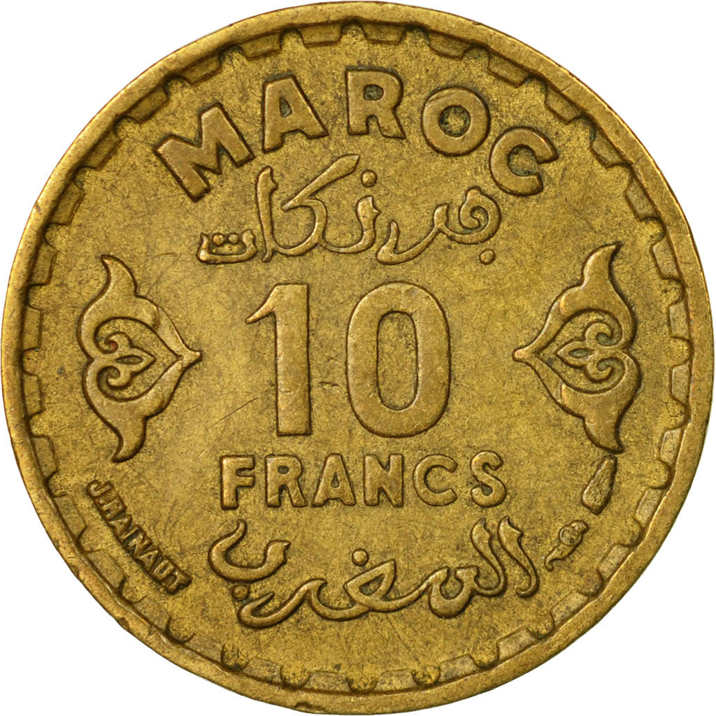 Coin, Morocco, Mohammed V, 10 Francs, 1951, Paris, VF(20-25), Aluminum-Bronze