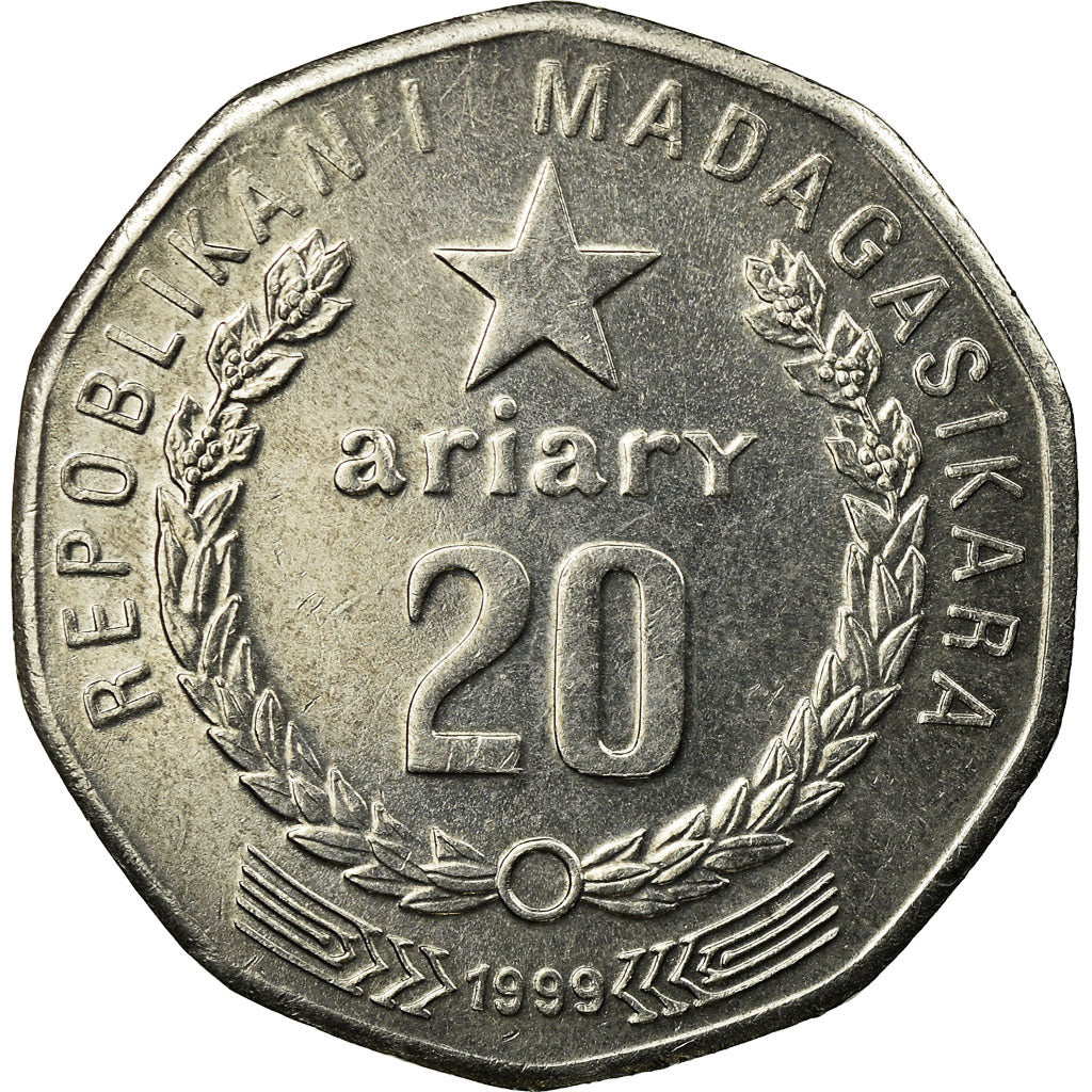 Moneda, Madagascar, 20 Ariary, 1999, Royal Canadian Mint, MBC, Níquel