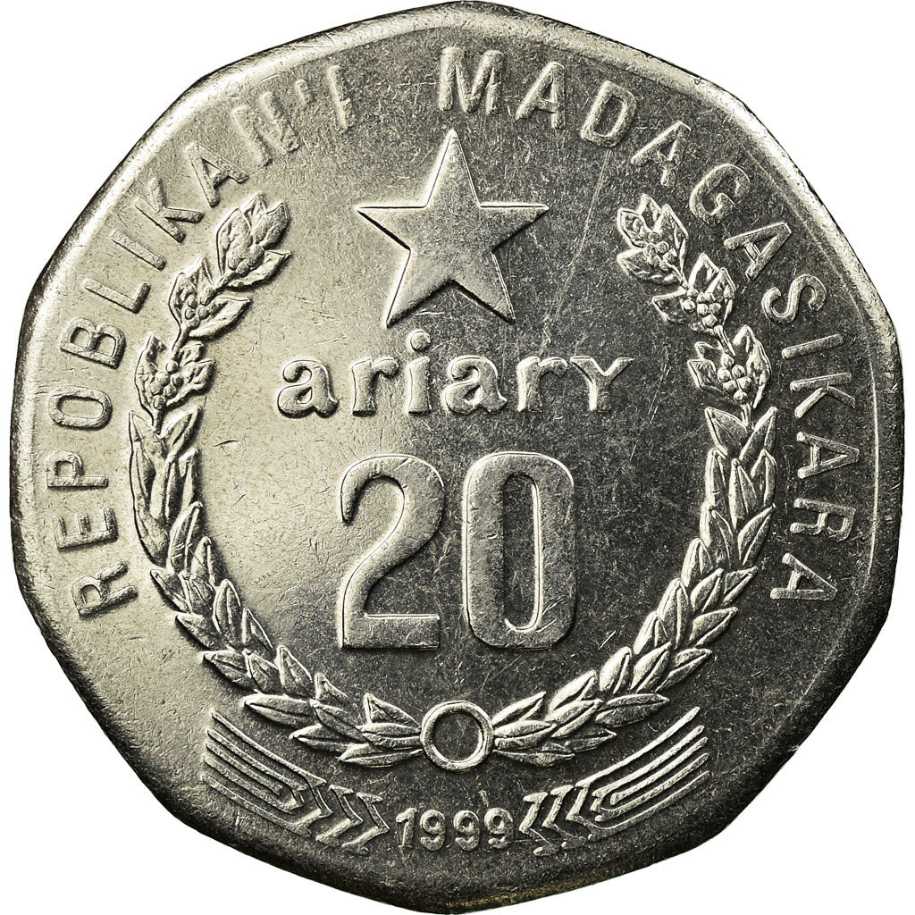 Moneta, Madagascar, 20 Ariary, 1999, Royal Canadian Mint, BB, Acciaio ricoperto
