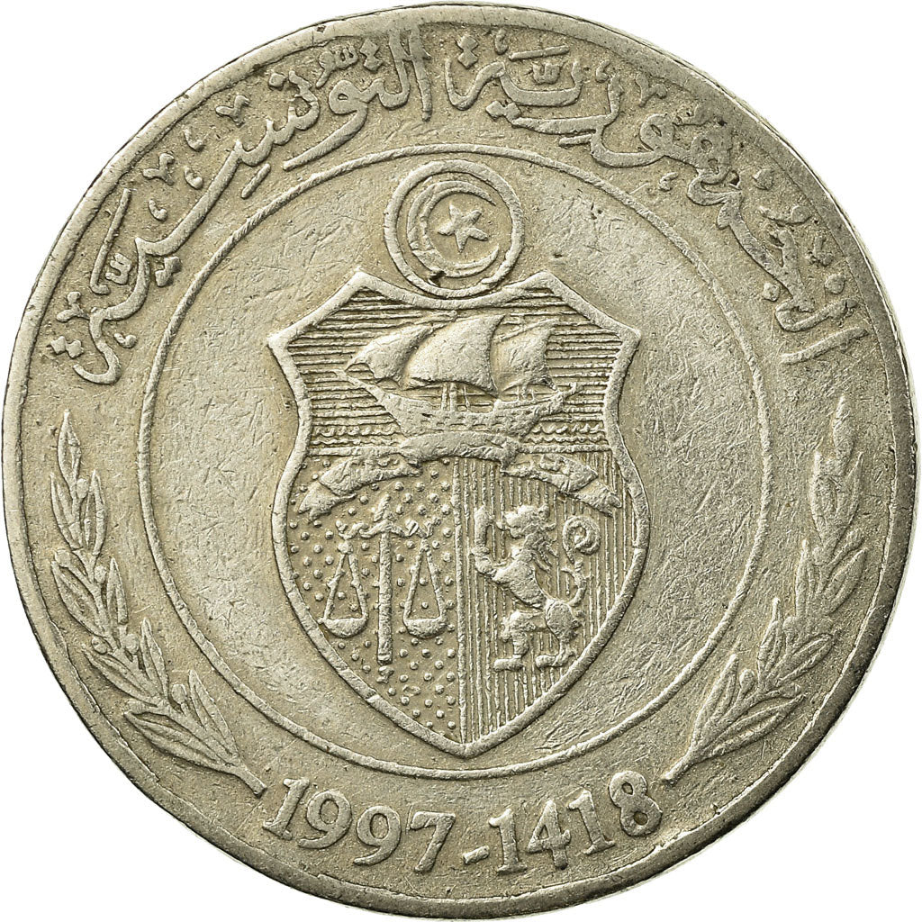 Moeda, Tunísia, 1/2 Dinar, 1997, Paris, VF(30-35), Cobre-níquel, KM:346