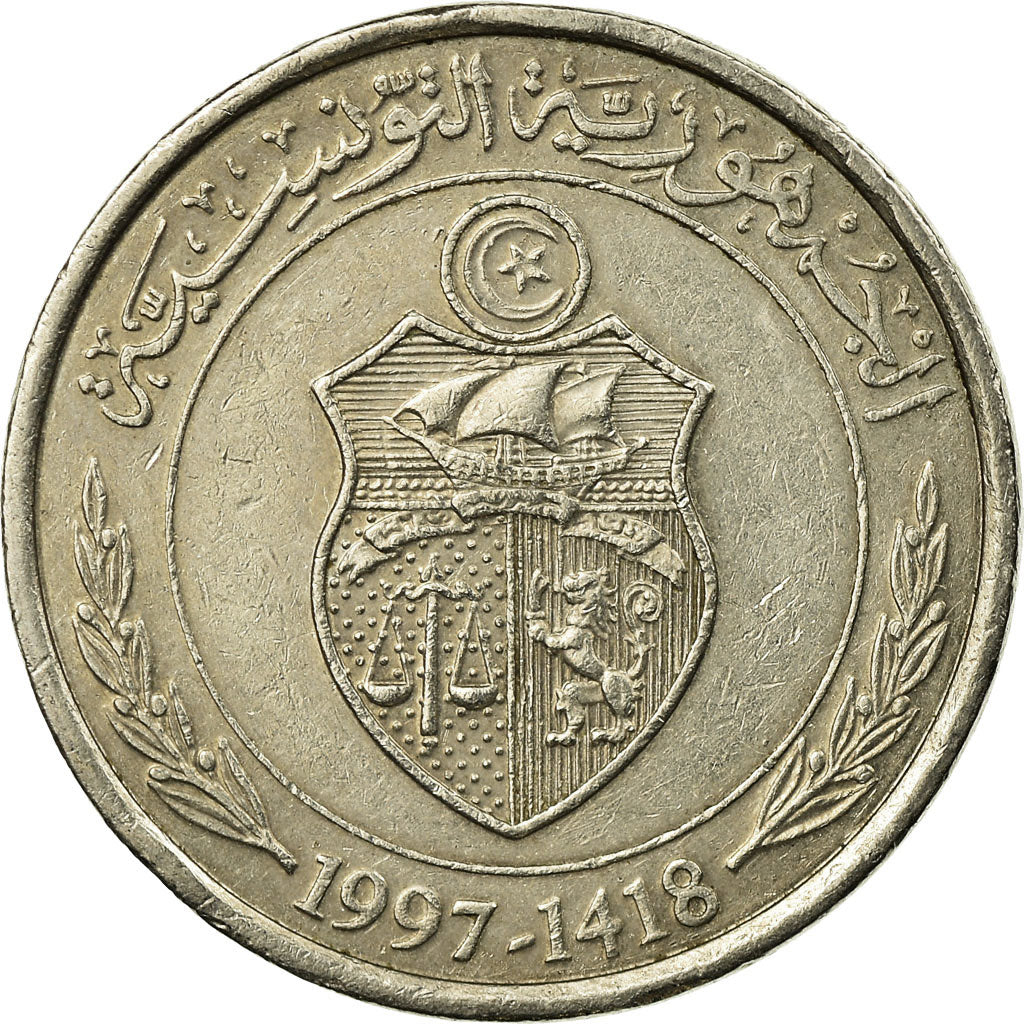 Coin, Tunisia, 1/2 Dinar, 1997, Paris, EF(40-45), Copper-nickel, KM:346