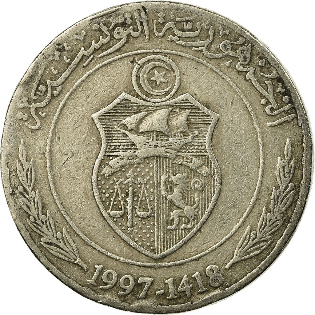 Moneta, Tunisia, 1/2 Dinar, 1997, Paris, MB+, Rame-nichel, KM:346