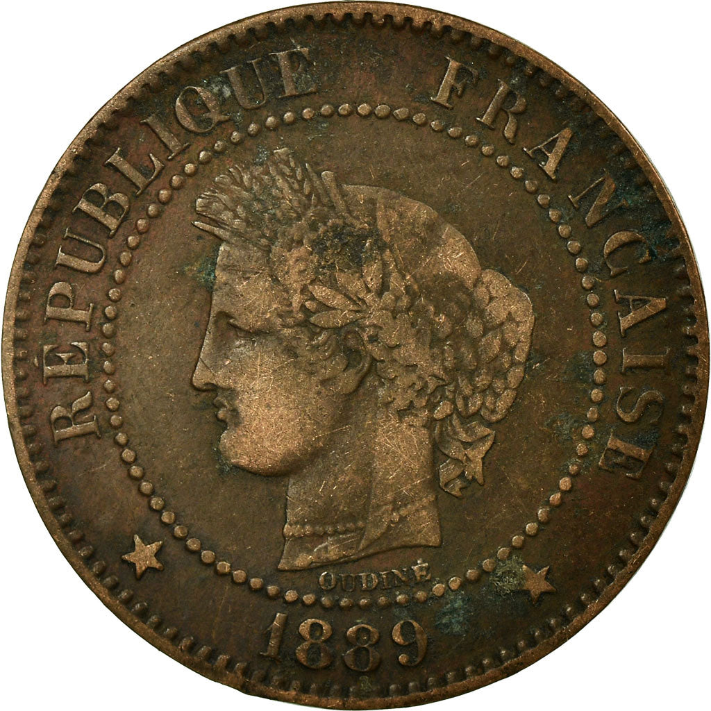 Moneda, Francia, Cérès, 2 Centimes, 1889, Paris, BC+, Bronce, KM:827.1